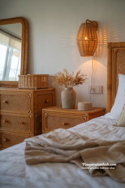 rattan and wicker coastal grandma bedroom with woven textures and warm natural lighting