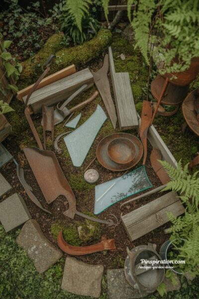 recycled art garden corner with metal wood and glass sculpture antique rustic outdoor installation