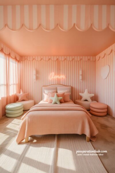 retro pink coastal kids bedroom with striped walls neon sign and pastel decor