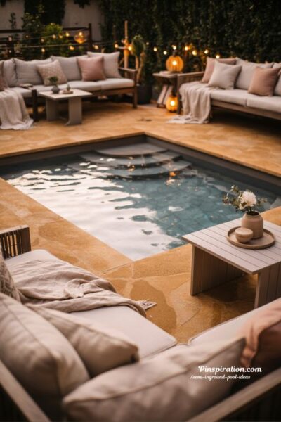 romantic retreat semi inground pool ideas cozy warm backyard evening design with soft lighting and intimate seating