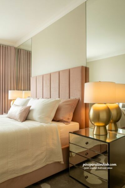 rosé glam pink coastal bedroom with velvet headboard gold accents and mirrored luxury decor