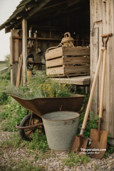 rustic farmhouse garden with vintage decor wooden crates and metal bucket planter aesthetic