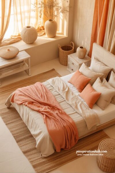 sandy neutral coastal bedroom with coral fabric accents and warm beach house textures