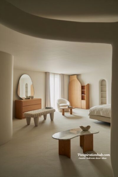 sculptural bedroom furniture ideas curved decor accents modern organic master bedroom design round mirror bedside table aesthetic cozy minimalist bedroom