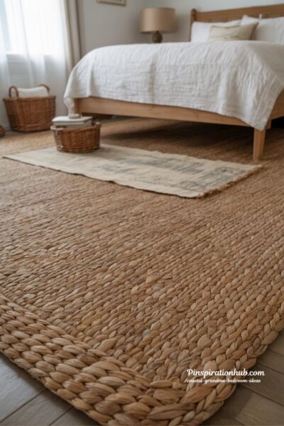 seagrass and jute rug coastal grandma bedroom with natural fiber textures and soft cottage style flooring