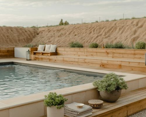 semi inground pool ideas calm backyard design with natural wood deck and modern rustic landscaping