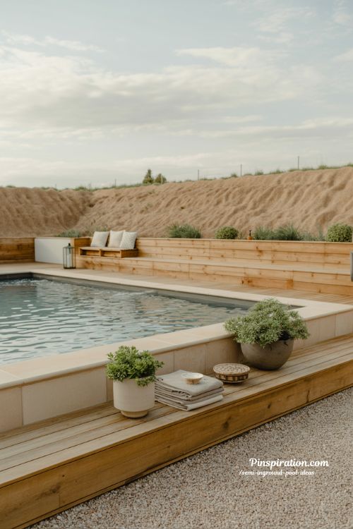semi inground pool ideas calm backyard design with natural wood deck and modern rustic landscaping