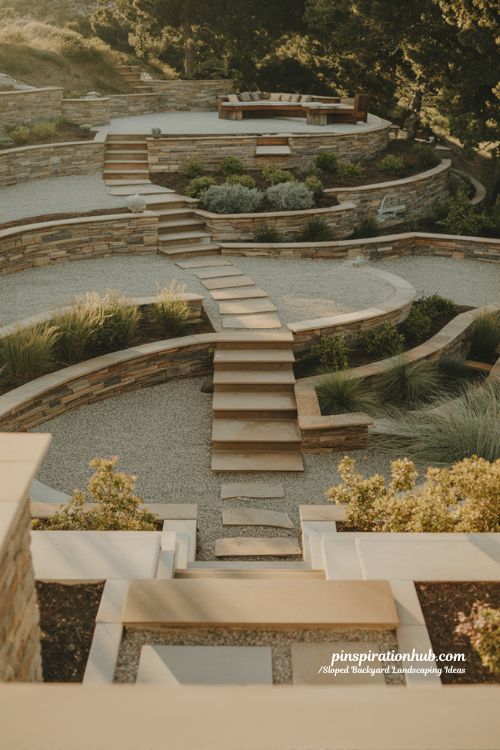 sloped backyard landscaping ideas with terraced gardens retaining walls and layered outdoor living design