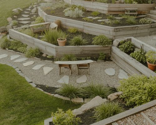 sloped backyard transformed on a budget with DIY terraced garden using reclaimed wood and native plants in warm natural light