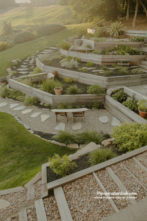 sloped backyard transformed on a budget with DIY terraced garden using reclaimed wood and native plants in warm natural light