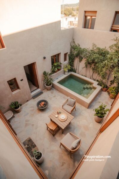 small backyard corner pool design with balanced layout and cozy outdoor seating