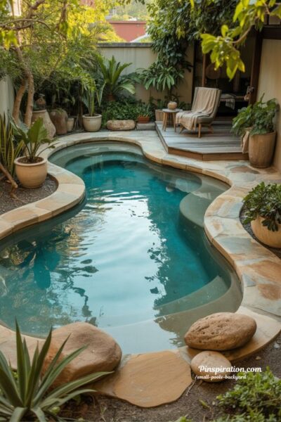 small backyard freeform pool design with natural organic lagoon style movement