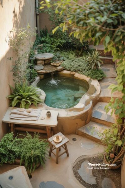 small backyard natural stone pool blended into lush garden with waterfall feature