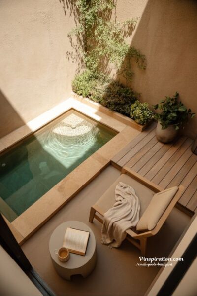 small backyard plunge pool retreat with wooden deck and calm minimalist design