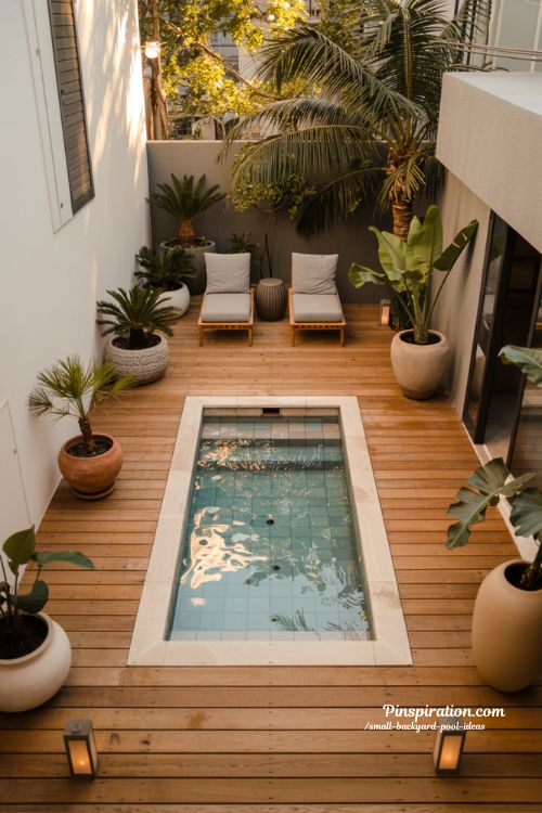 small backyard plunge pool with modern minimalist tropical patio design and cozy compact outdoor retreat
