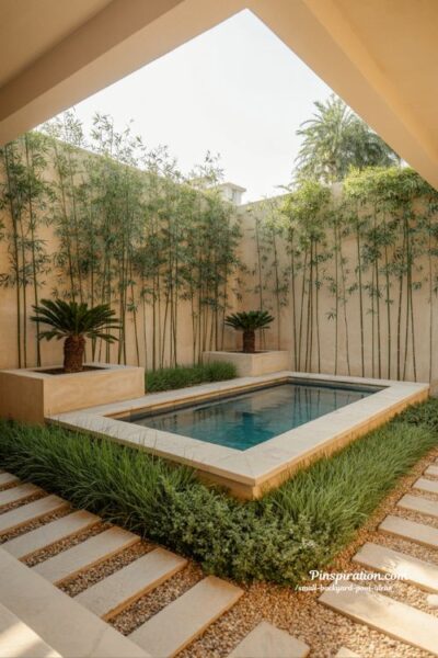 small backyard pool landscaping with privacy plants and modern green garden retreat design
