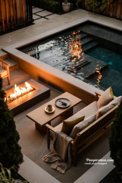 small backyard pool with fire feature at night creating warm cozy atmosphere