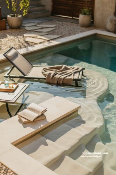 small backyard pool with sun shelf lounging area in warm minimalist design
