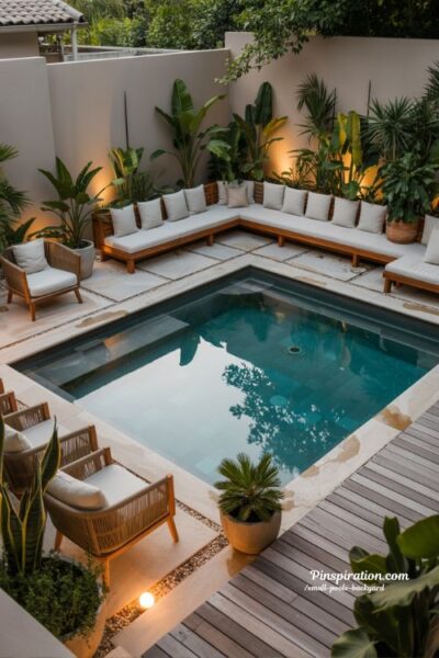 small backyard resort style pool design with tropical lighting and modern outdoor luxury vibe