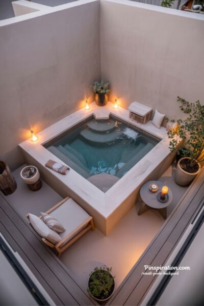 small backyard spool design with built in seating and warm evening lighting