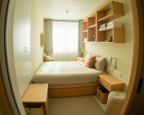 small bedroom ideas for small rooms cozy minimalist space saving design warm Japandi interior