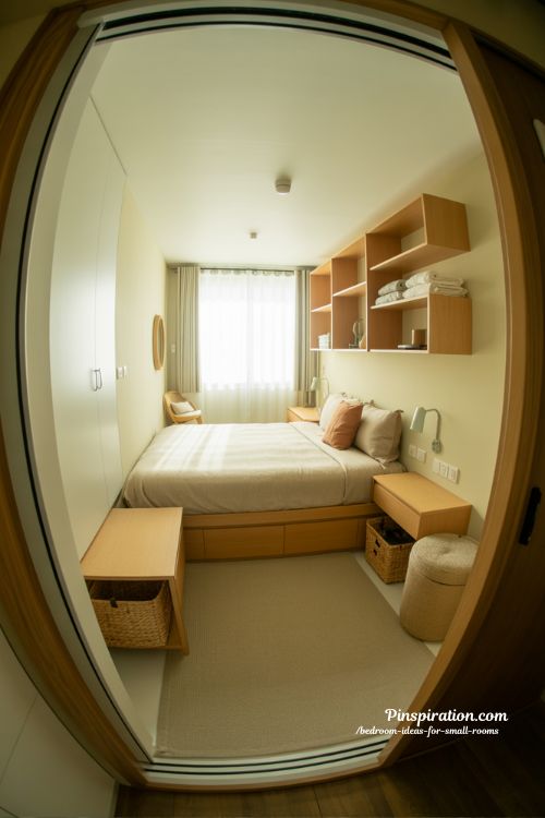 small bedroom ideas for small rooms cozy minimalist space saving design warm Japandi interior