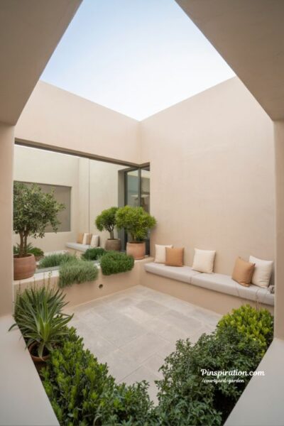 small courtyard garden design with mirror reflection light colors and open layout space saving ideas