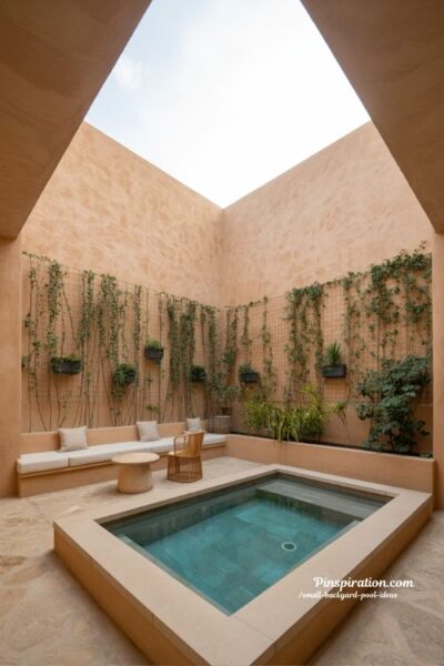 small courtyard pool design with modern minimalist resort style and private enclosed backyard retreat