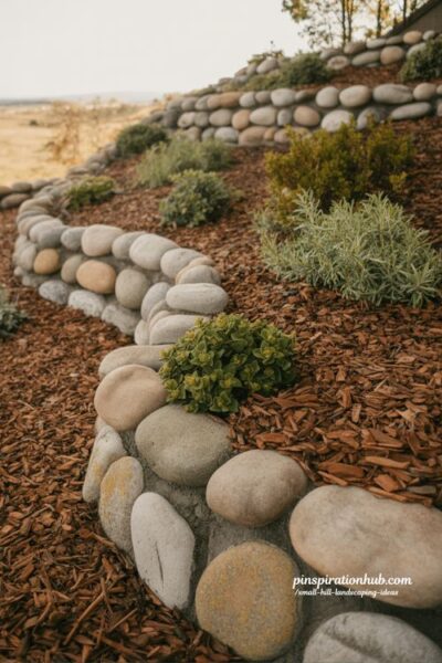 small hill landscaping ideas fieldstone mulch retaining edge for hillside erosion control and natural slope garden design