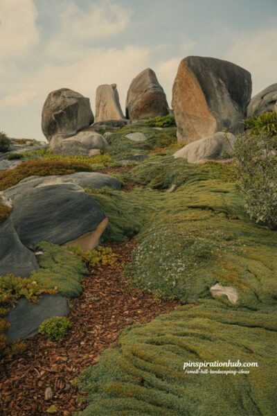 small hill landscaping ideas hillside boulder garden with natural stone erosion control and groundcover slope design