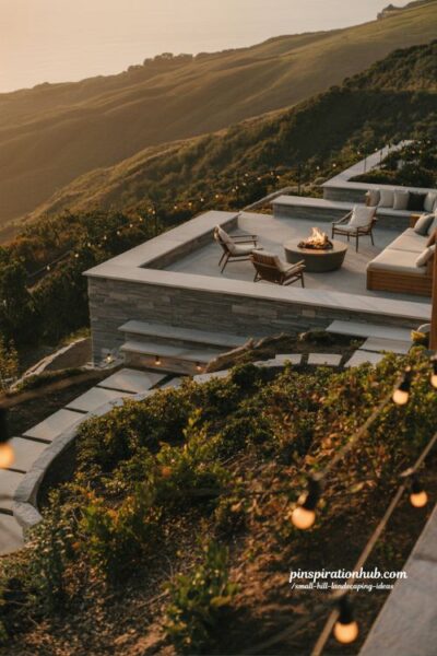 small hill landscaping ideas raised patio with hilltop view fire pit seating and layered hillside garden design