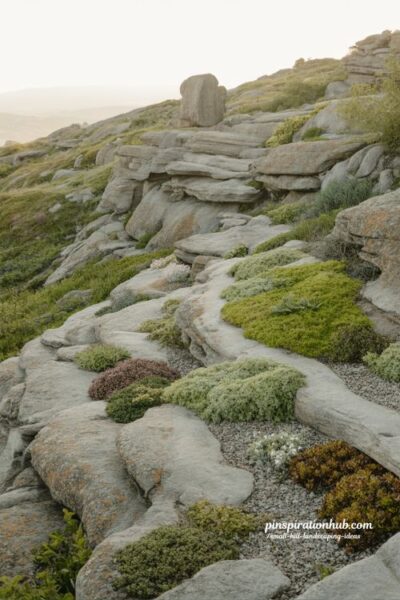 small hill landscaping ideas rock garden hillside with drought tolerant plants and natural alpine stone design for zero maintenance