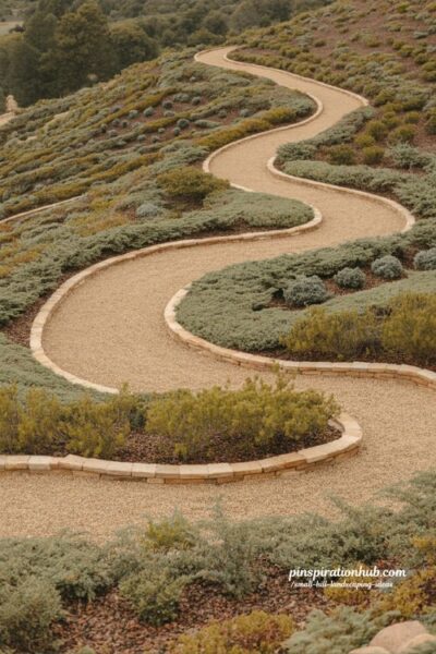 small hill landscaping ideas switchback gravel path hillside garden zigzag walkway for easy slope access and planting pockets