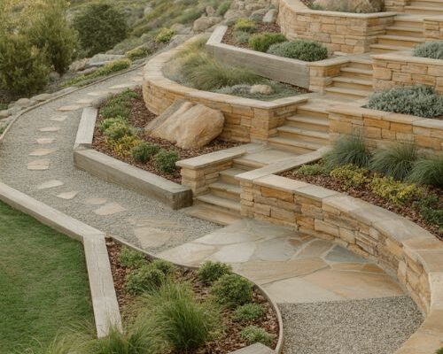 small hill landscaping ideas terraced backyard slope garden with stone steps and retaining walls design