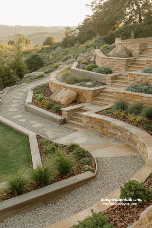 small hill landscaping ideas terraced backyard slope garden with stone steps and retaining walls design