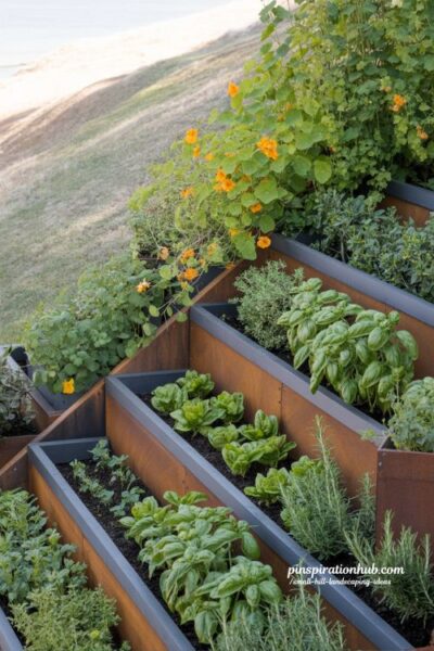 small hill landscaping ideas tiered planter boxes hillside vegetable garden with flowers and cascading plants design