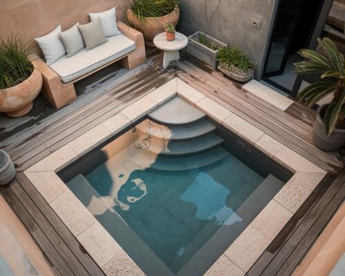 A cinematic eye-level wide-angle shot capturing a compact urban backyard designed around a small inground pool, framed from the corner to emphasize how every inch of space is intentionally used, creating a sense of depth and intimacy within limited square footage. A thoughtfully designed small backyard featuring a minimalist inground pool integrated seamlessly into a tight outdoor layout, where the pool becomes the central calming element surrounded by compact decking, subtle greenery, and carefully arranged seating zones that prioritize flow and openness rather than excess. The space feels personal and quietly luxurious, showing how small inground pool ideas can transform even the smallest yard into a meaningful retreat. Modern organic contemporary design with subtle Mediterranean and Japanese-inspired minimalism, blending natural simplicity with refined outdoor living aesthetics that feel timeless rather than trendy. A grounded, warm, and earthy color palette featuring soft sandstone beige, muted concrete gray, pale terracotta accents, warm white stone, and gentle reflections of deep blue water that shift naturally with the light. Key props and details include textured limestone pool edging, weathered wooden decking, ceramic planters with soft green grasses, linen outdoor cushions folded neatly on a low bench, a small stone side table, and subtle water ripples reflecting across nearby walls, emphasizing the intimacy of the space. Soft late-afternoon natural light gently washing over the pool area, creating slow-moving reflections on stone surfaces and enhancing the textures of wood and water without harsh contrast, giving the entire scene a calm, unhurried presence. Mood and atmosphere translate into soft colors that instantly calm the eye, old and natural textures that add depth and lived-in warmth, and simple, intentional details that create lasting charm and emotional connection, evoking the feeling that even small spaces can hold quiet luxury, reflection, and personal escape. no people, no text, no watermarks, no blur, no bokeh, all surfaces in sharp focus, photorealistic, 4K resolution, editorial interior photography, Pinterest-worthy