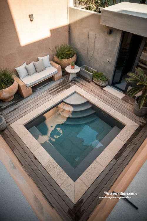 A cinematic eye-level wide-angle shot capturing a compact urban backyard designed around a small inground pool, framed from the corner to emphasize how every inch of space is intentionally used, creating a sense of depth and intimacy within limited square footage. A thoughtfully designed small backyard featuring a minimalist inground pool integrated seamlessly into a tight outdoor layout, where the pool becomes the central calming element surrounded by compact decking, subtle greenery, and carefully arranged seating zones that prioritize flow and openness rather than excess. The space feels personal and quietly luxurious, showing how small inground pool ideas can transform even the smallest yard into a meaningful retreat. Modern organic contemporary design with subtle Mediterranean and Japanese-inspired minimalism, blending natural simplicity with refined outdoor living aesthetics that feel timeless rather than trendy. A grounded, warm, and earthy color palette featuring soft sandstone beige, muted concrete gray, pale terracotta accents, warm white stone, and gentle reflections of deep blue water that shift naturally with the light. Key props and details include textured limestone pool edging, weathered wooden decking, ceramic planters with soft green grasses, linen outdoor cushions folded neatly on a low bench, a small stone side table, and subtle water ripples reflecting across nearby walls, emphasizing the intimacy of the space. Soft late-afternoon natural light gently washing over the pool area, creating slow-moving reflections on stone surfaces and enhancing the textures of wood and water without harsh contrast, giving the entire scene a calm, unhurried presence. Mood and atmosphere translate into soft colors that instantly calm the eye, old and natural textures that add depth and lived-in warmth, and simple, intentional details that create lasting charm and emotional connection, evoking the feeling that even small spaces can hold quiet luxury, reflection, and personal escape. no people, no text, no watermarks, no blur, no bokeh, all surfaces in sharp focus, photorealistic, 4K resolution, editorial interior photography, Pinterest-worthy