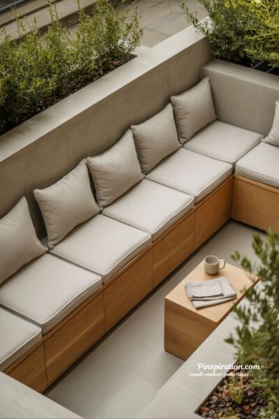 small outdoor patio ideas built in seating with storage and cozy minimal design