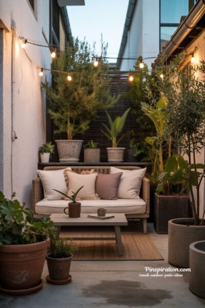 small outdoor patio ideas cozy outdoor living room feel with soft seating and warm lighting