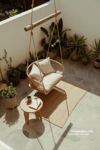 small outdoor patio ideas hanging swing chair cozy reading corner and relaxing escape spot