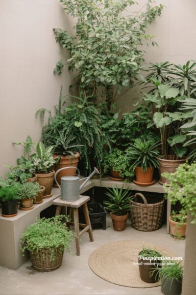 small outdoor patio ideas layered plants natural relaxed greenery corner with mixed pots