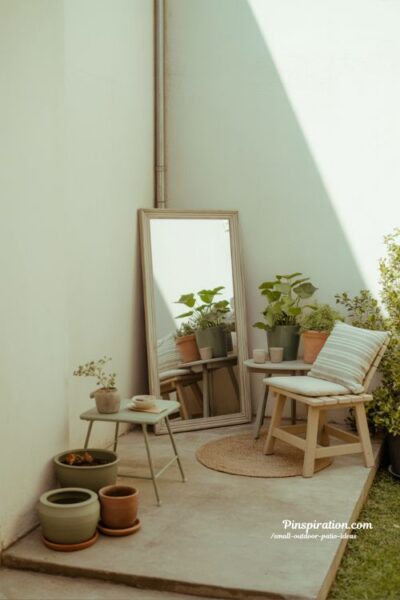 small outdoor patio ideas mirror wall reflecting plants to make space look bigger and brighter