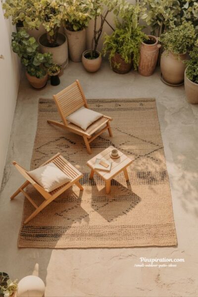 small outdoor patio ideas outdoor rug defining cozy seating space and warm minimal design