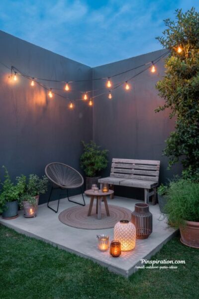 small outdoor patio ideas soft evening lighting with string lights and cozy lantern glow