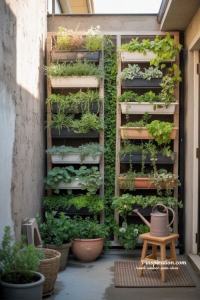 small outdoor patio ideas vertical garden wall with hanging plants and space saving greenery