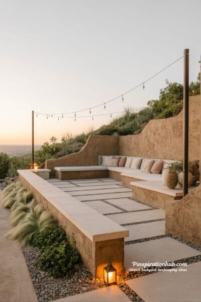 Sloped backyard landscaping patio with retaining walls and warm evening lights
