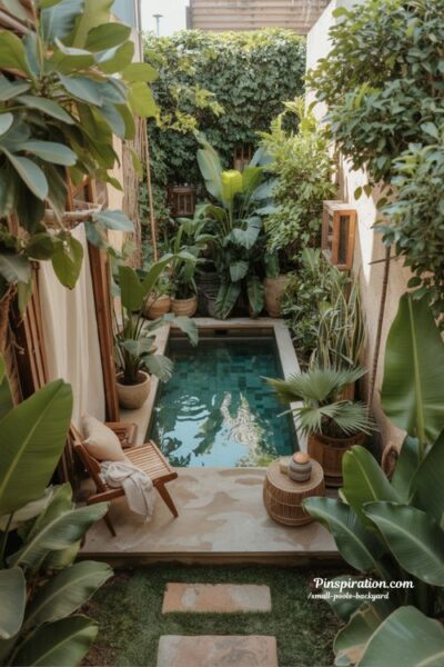 small tropical backyard pool escape with lush greenery and natural modern design