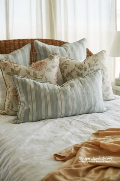 soft floral and striped pillows coastal grandma bedroom with layered heirloom cottage style bedding