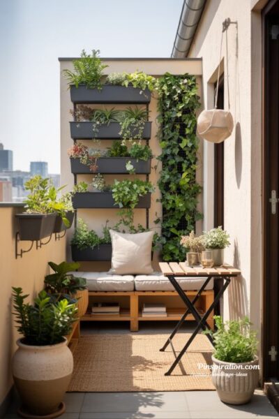 summer landscape ideas for small balcony garden with vertical plants and cozy compact seating